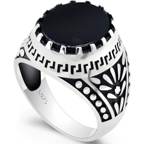 Black Natural Agate Stone Real Pure 925 Sterling Silver Ring For Men Drip Plum Seal Musical Note Signet Ring Fine Jewelry Ring