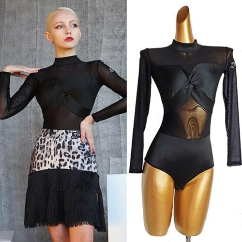 New Latin Dance Tops Women Sexy Mesh Open Back Bodysuit Ballroom Dancing Clothes Gymnastics Latina Practice Wear Adult VDB3293