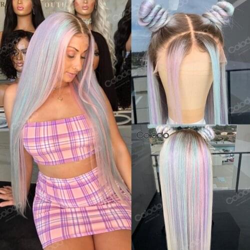 Light Purple Rainbow Full Lace Human Hair Wigs with Baby Hair Blue 150% Green Highlight Wig Preplucked Straight Lace Front Wig