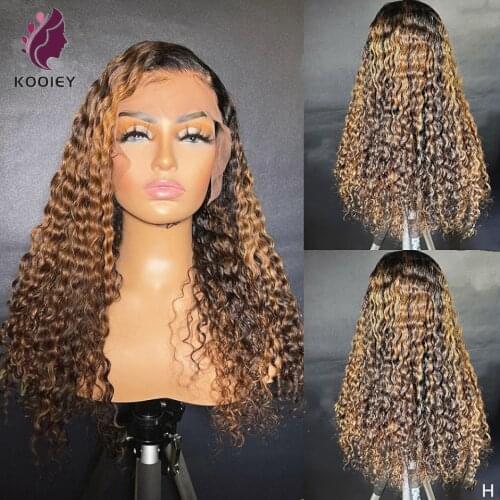 Ombre Deep Wave Frontal Wig Honey Blonde Transparent Lace Wigs Curly Lace Front Human Hair Wigs Highlight Deep Wave Closure Wig