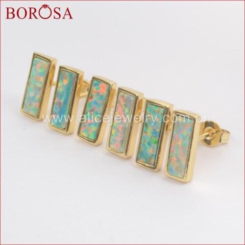 BOROSA Stylish Gold Color Bezel Rectangle Shape White Opal Stud Earrings Fashion Drusy Japanese Opal Earrings for Women ZG0214