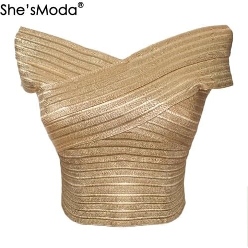 ShesModa Luxury Gold Bandage Slash Neck Slim Womens Spandex Cropped Tops Vest Tank