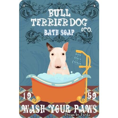 Bull Terrier Dog &Co. Bath Soap Wash Your Paws Vintage Plaque Poster Tin Sign Wall Decor Hanging Metal Decoration