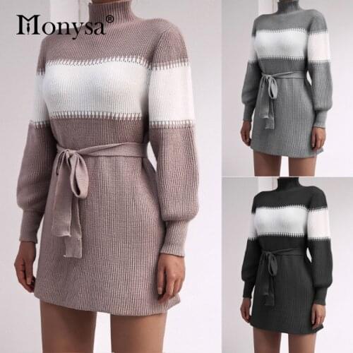 Turtleneck Sweater Dresses For Women Winter Patchwork Long Sleeve Casual Knitted Dress Vestidos De Invierno De Manga Larga 2020