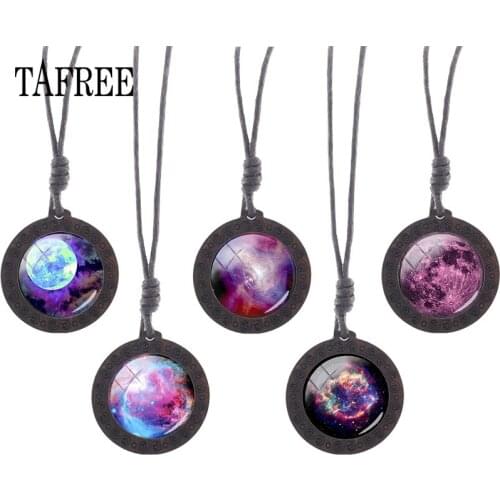 TAFREE Round Nebula Glass Wooden Necklace galaxy art picture game rope Choker new wood jewelry Women Birthday Gifts D814