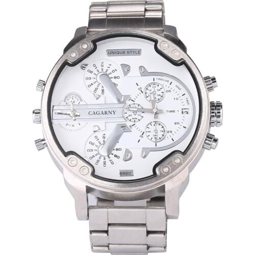 Top Luxury Brand Cagarny Quartz Watch For Men Dual Times Miltiary Mens Watches Silver Steel Band Casual Relogio Masculino Clock