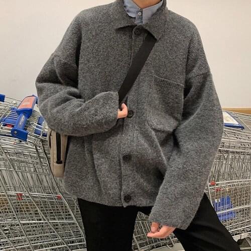 Spring Mens Lapel Sweatercoat Knitted Sweaters Loose Bf Style Loose Top Boys Clothing Black Gray Camel D62