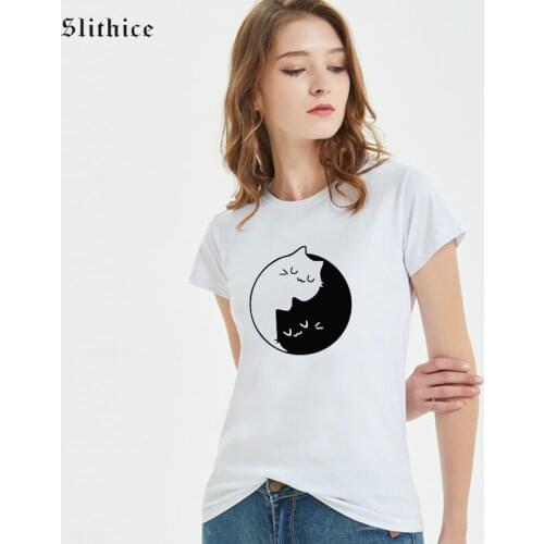 Slithice Black White Cat opposite T-shirt Women Summer Top streetwear Short sleeve Red Yellow female tshirt Hipster Tumblr