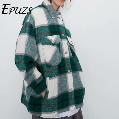 Eurpean style Lapel Jacket Coats Women Fashion Slim Green Plaid Loose Jackets Casual Long Sleeve Double Pocket Chic Jacket 2020