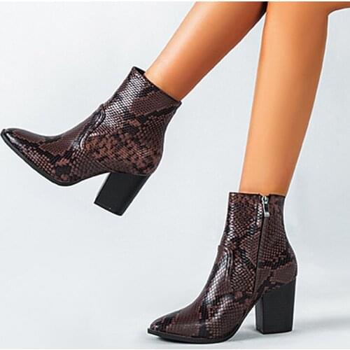 2020 New Chelsea Boots Women Zipper Boots Snake Print Ankle Boots Square heel Fashion Pointed toe Ladies Sexy shoes Shoes Woman