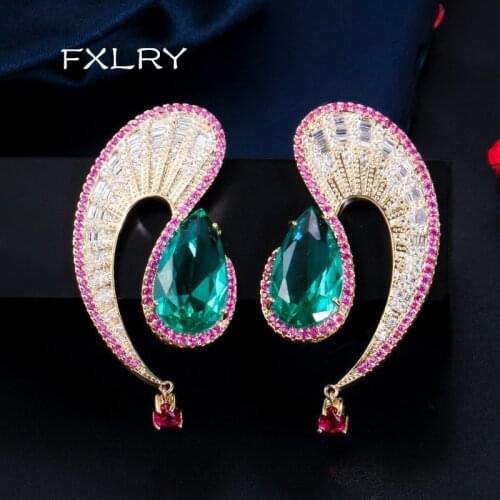 FXLRY High Quality Symmetrical Water Drop Green Cubic Zirconia Long Silver Dangle Earrings for Women Jewelry