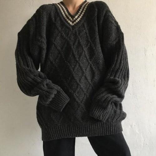 B-TOTO Retro Dark Gray V-neck Pullover Sweater Sweater Women Trendy Ins Loose Outer Wear 2021 New Fashion