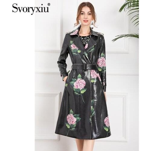 Svoryxiu Runway Designer Autumn Winter Fashion PU Long Overcoat Outwear Womens Vintage Flower Print Long Sleeve Trench Coat XXL