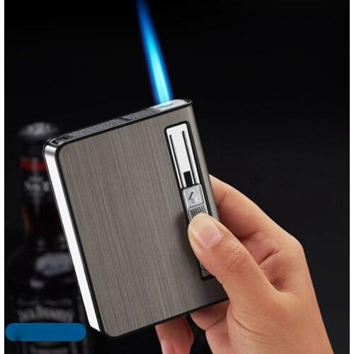 2 in 1 Mini Windproof Butane Gas Lighter Cigarette Box Holds 10 Cigarettes Blue Flame Portable Cigarette Lighter Mens Gifts