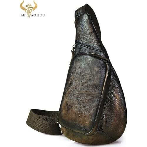 2021 Men Quality Leather Casual Retro Coffee Sling Chest Bag 8" Tablet Umbrella Design One Shoulder Bag Cross body Bag Male 8810