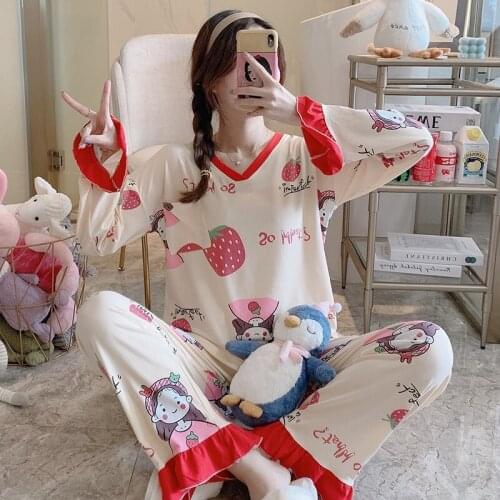 2021 Spring Autumn Long Sleeve V-neck Pajama Set For Women Cute Cartoon Sleepwear Suit Pyjama Homewear Pijama Mujer Home Clothes