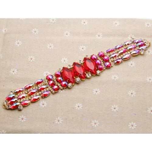 23*3.2cm Red AB crystal Golden Base Long rhinestone applique DIY wedding evening dress Decoration shoulder sewing decoration