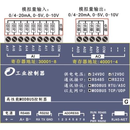 8AI analog input 4AO analog output Ethernet RS485 RS232 module high speed Modbus TCP controller