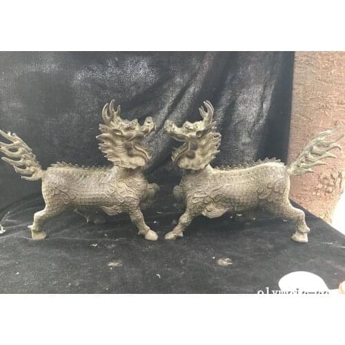 9''copper sculpture Home fengshui auspicious beast dragon kylin unicorn statue