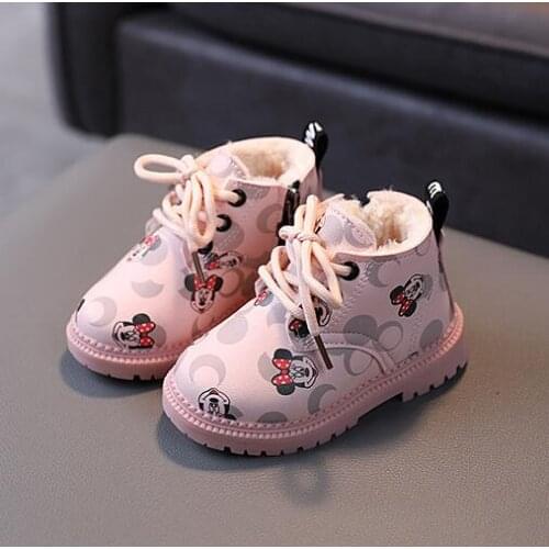 Disney Brand Minnie Mouse Cartoon Snow Boots For Girls Soft Soles Cotton Shoes Winter Kids Boots Mickey Sneakers