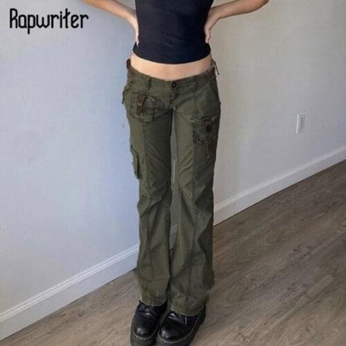 Rapwriter Casual Big Pocket Cargo Pants y2k Mid Waist Denim Pants Stylish Jeans Pants Autumn Fashion Women Trousers Streetwear