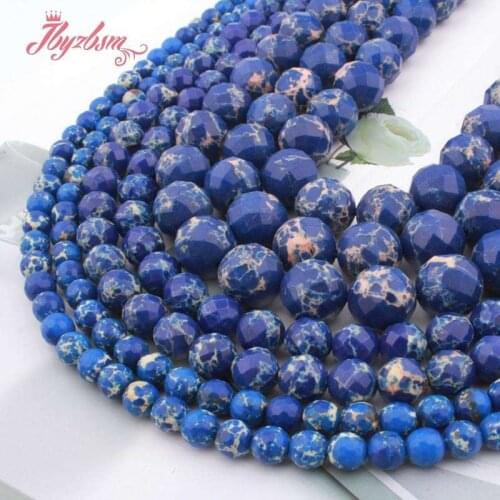 Natural Round Sea Sediment Blue Faceted 6/8/10/12mm Loose Stone Beads For DIY Jewelry Making Necklace Bracelet Strand 15"