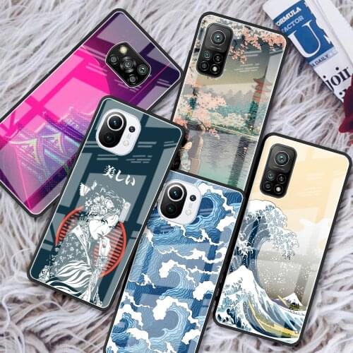 Tempered Glass Case For Xiaomi Mi Poco X3 NFC 10T Pro Note 10 Lite 9T 11 CC9 F3 Luxury Phone Cover Shell Japanese Style Art Capa