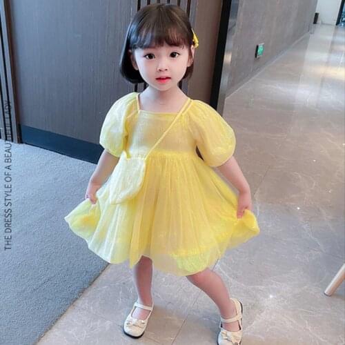 2021 Summer Yellow Mermaid Yarn Princess Dress With Love Bag Korean Style Puff Sleeve Birthday Party Dress Kids Costume 1-7Yrs