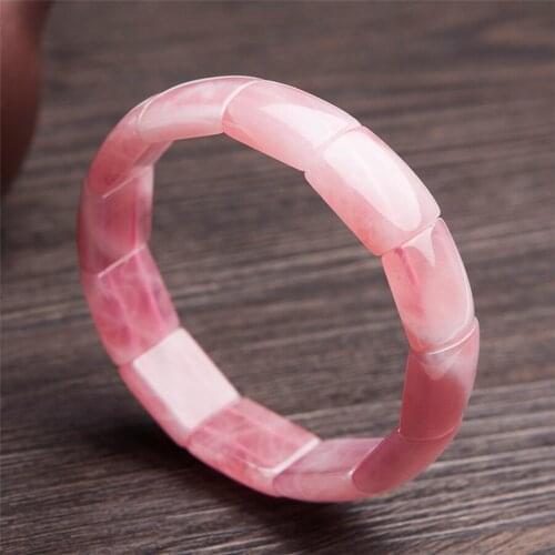 Precious Natural Rose Pink Quartz Crystal Rectangle Bead Stretch Natural Stone Fashion Woman Bangle Bracelets