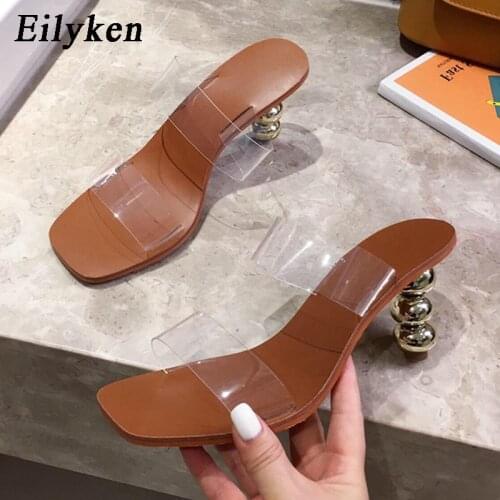 Eilyken 2021 New Fashion Summer Women Gladiator Slippers Sexy Transparent PVC Square Toe Strange Heel Ladies Mules Casual Shoes