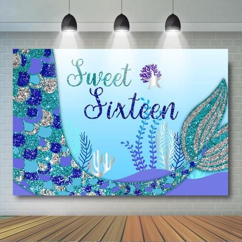 Mermaid Birthday Backdrop Girls 16th Birthday Party Decor Sweet Sixteen Background Blue Silver Glitter Scales Backdrop