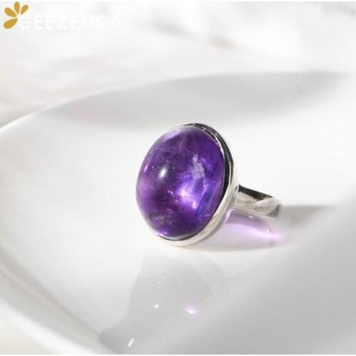 GEEZENCA 925 Sterling Silver Natural Amethyst Womens Ring Vintage Big Purple Gemstone Rings 2021 New Trend Party Gift