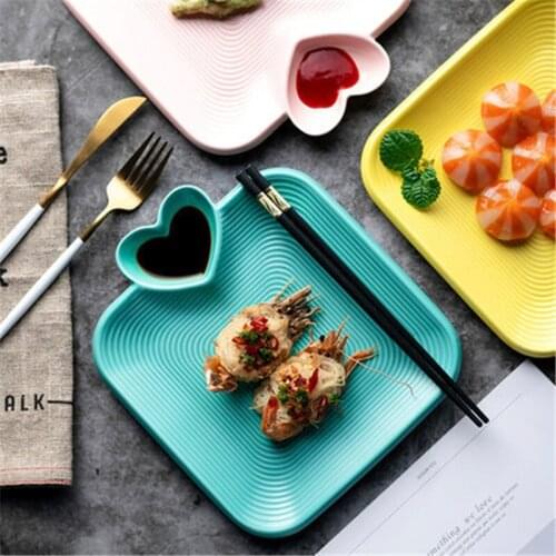 Ceramic Dumpling Plate with Vinegar Dish French fries Plate Compartment Plate Sushi Tray Creative Square Microwaveable Pan