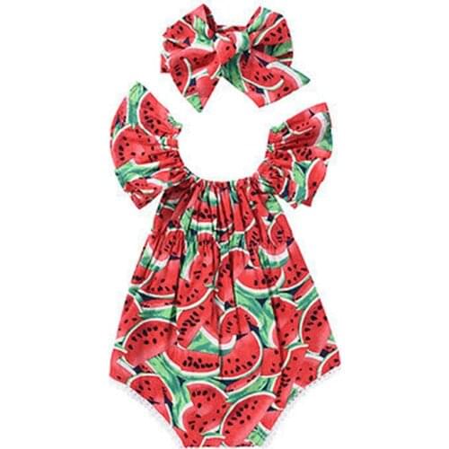 2pcs Summer Brand New Cute Newborn Baby Girls Watermelon Print Short Sleeve Bodysuit+Headband Clothes Sunsuit