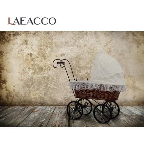 Laeacco Old Cement Wall Baby Trolley Wooden Floor Child Portrait NOT REAL THING Photo Backgrounds Photo Backdrop Photo Studio