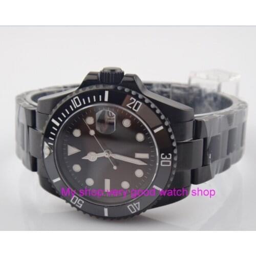 40mm PARNIS Sapphire Glass Black ceramic Bezel Automatic Self-Wind movement Men Watches luminous Mechanical watches PVD case 24a