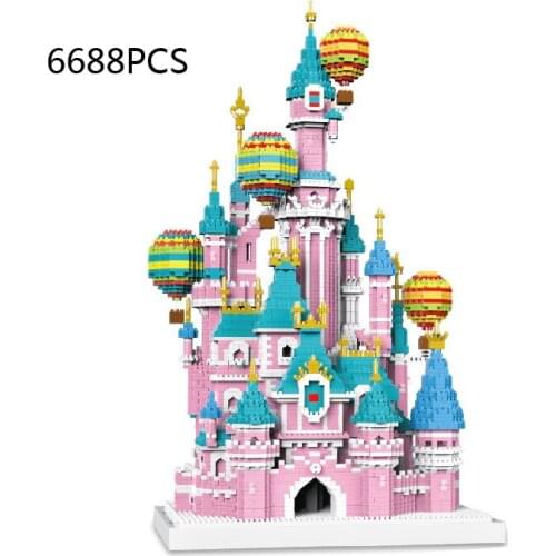 Disney world park micro diamond block Disneyland pink fairy tale castle and fire balloon model brick toy nanobrick collection