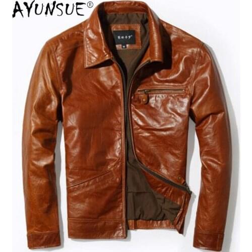 AYUNSUE Real Cow Leather Jacket Men Vintage Spring Autumn Cowhide Leather Coat Motorcycle Jacket Man Veste Cuir Homme KJ6648