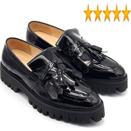Men Tassel Loafers Platform Solid Black Pointe Mens Dress Made Of Genuine Plus Size Slip On Leather Shoes