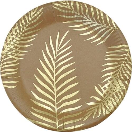 Gold Foil Disposable Tableware Palm Leaf Paper Plates Cup Straw Birthday Party Wedding Anniversary Decor Baby Shower Supplies