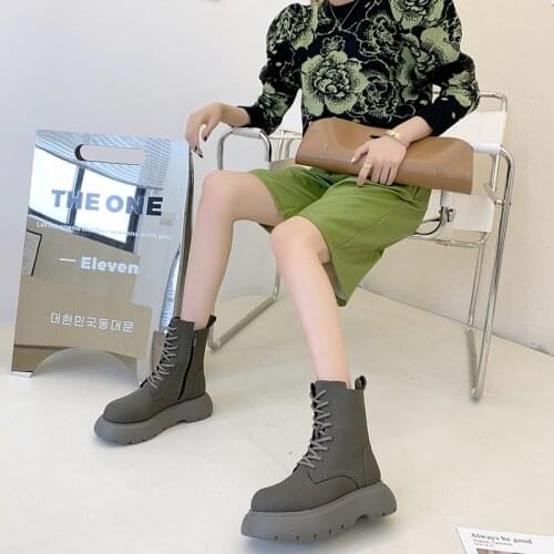 2021 Autumn Womens Chunky Heels Boots Lace Up Zipper Casual Boots Women Square Toe Fashion Design Motorcycle Boots for Women