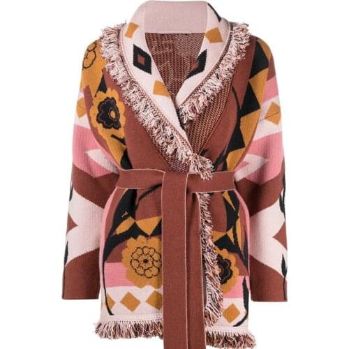 Autumn Winter 2021 womens High quality floral jacquard cashmere cardigans Top High quality tassels Belt knitted overcoat B559