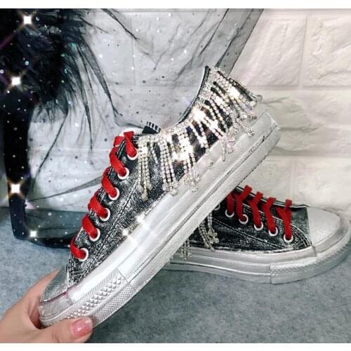 HKJL heavy duty diamond-studded flat canvas shoes street retro dirty shoes old small white shoes light luxury casual shoes