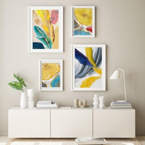 Nordic Art Watercolor Feathers Gold Foil Lines Poster Canvas Painting Wall Picture Print Modern Bedroom Living Room Home Decor