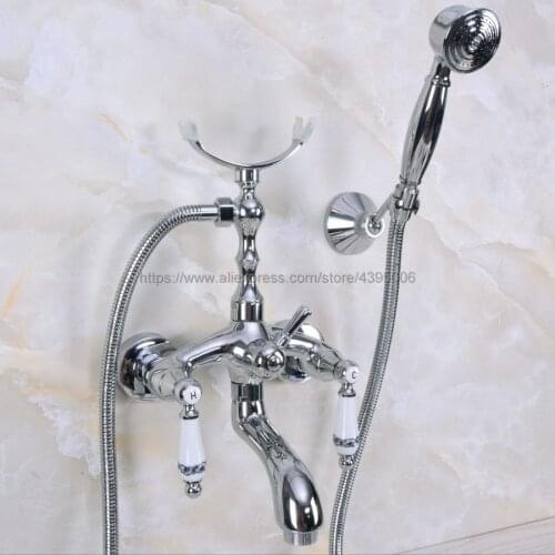 Polished Chrome Double Handles Bathroom Wall Mounted Bathroom Tub Faucets W/Hand Shower Sprayer Mixer Tap Bna245