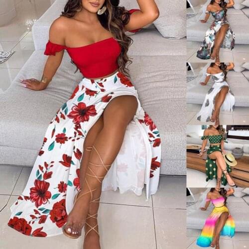 Hot Sales Women Outfit Two Pieces Set Feather Print Off Shoulder Tube Top High Slit Hem Long Skirt for Summer