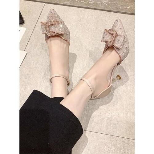 Rhinestone pointed high heels 2021 spring and autumn new sweet wind bow stiletto single shoes wedding shoes banquet