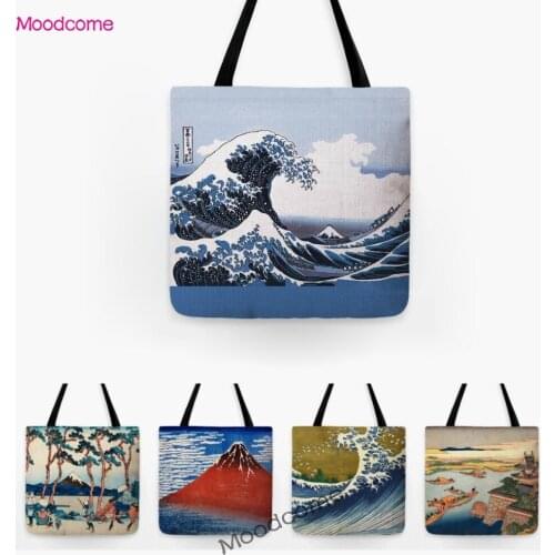 Traditional Japanese Woodblock Painting Carving Great Wave Mount Fuji Modern Art Shopping Tote Bag Water Resistant Shoulder Bag