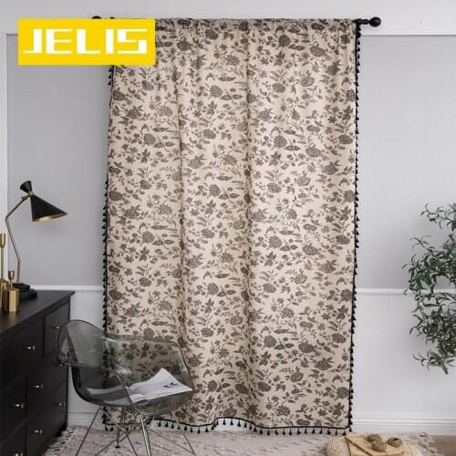 American Style Room Curtain Cotton Linen Curtain Bedroom Living Room Kitchen Curtains Printed Black Tassel Curtains Bohemian
