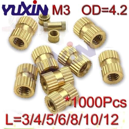 1000pcs/Lot M3*3/4/5/6/8 OD=4.2mm Through Thread Brass Insert Nut / Copper Knurled Nuts For Injection Moulding